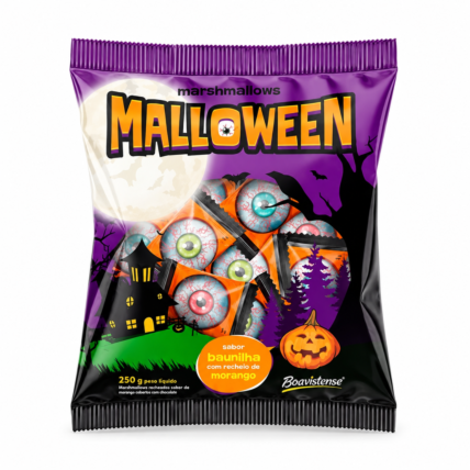 Marshmallow Malloween Olhos Recheados Baunilha e Morango Florestal 250g | Chocolandia