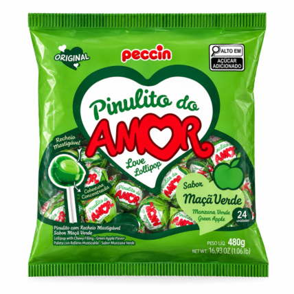 Pirulito do Amor Maçã Verde Peccin 480g com 24un Chocolandia