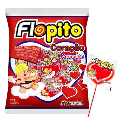 Pirulito Flopito Coração Morango Florestal 500g