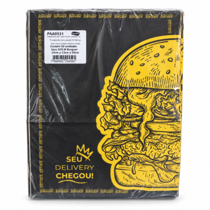 Saco de Papel SOS M Burguer Black para Delivery Pluma 50 Unidades 19x12x26cm | Chocolandia